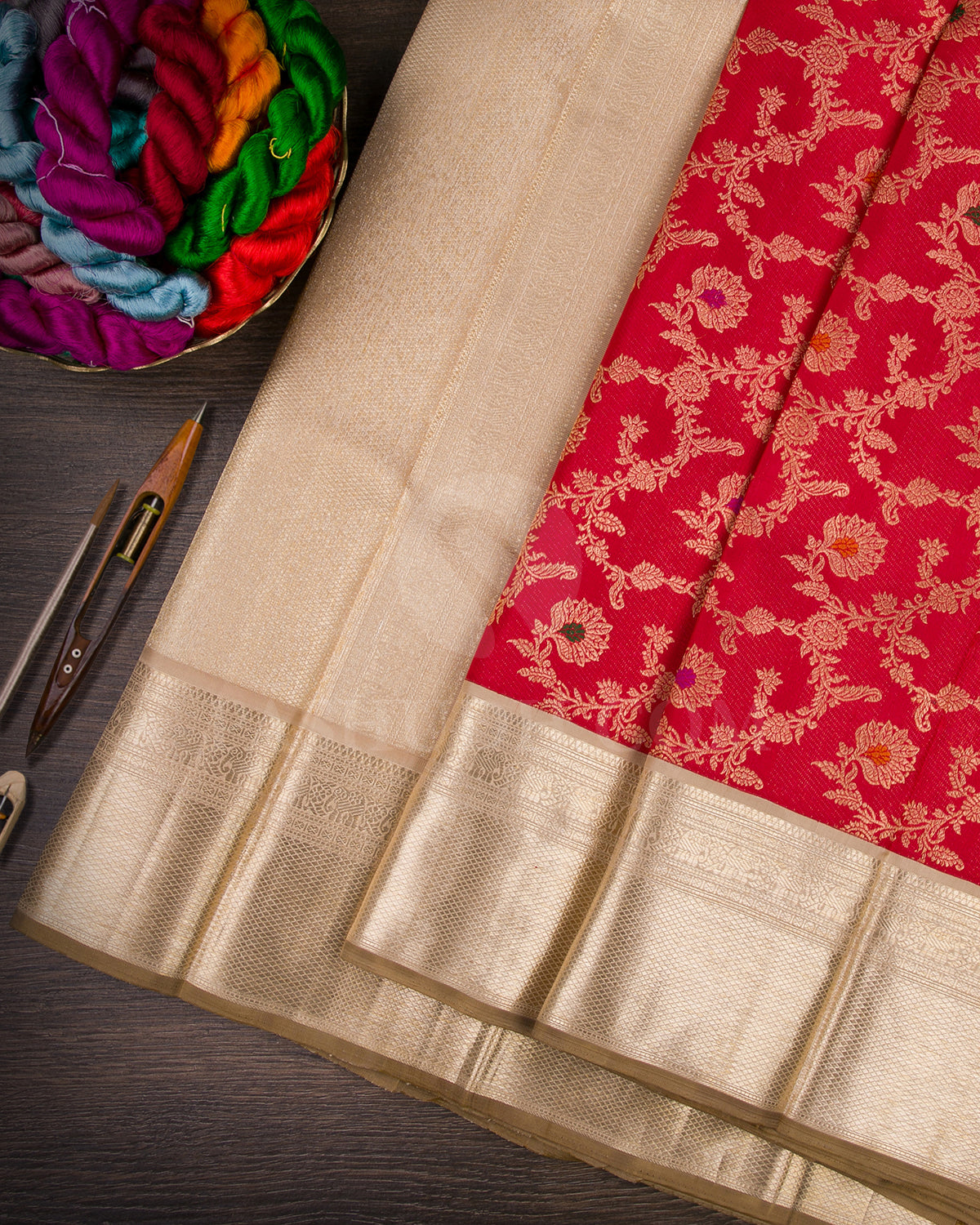 Bright Red And Cream Kanjivaram Silk Saree - S1307(A)