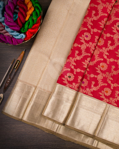 Bright Red And Cream Kanjivaram Silk Saree - S1307(A)