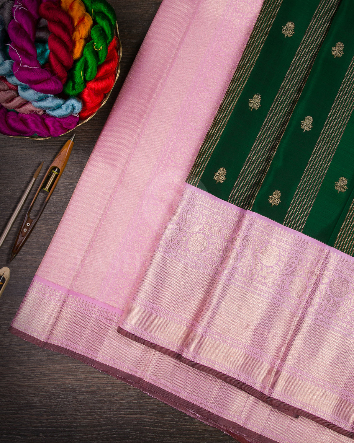 Bottle Green And Baby Pink Kanjivaram Silk Saree - S1270(B)