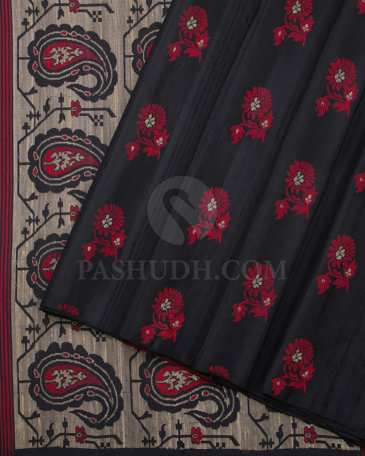 Black And Red Soft Silk Saree - C48