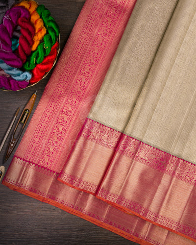 Silver Gold And Pink Organza Shimmer Kanjivaram Silk Saree - S1156(B)