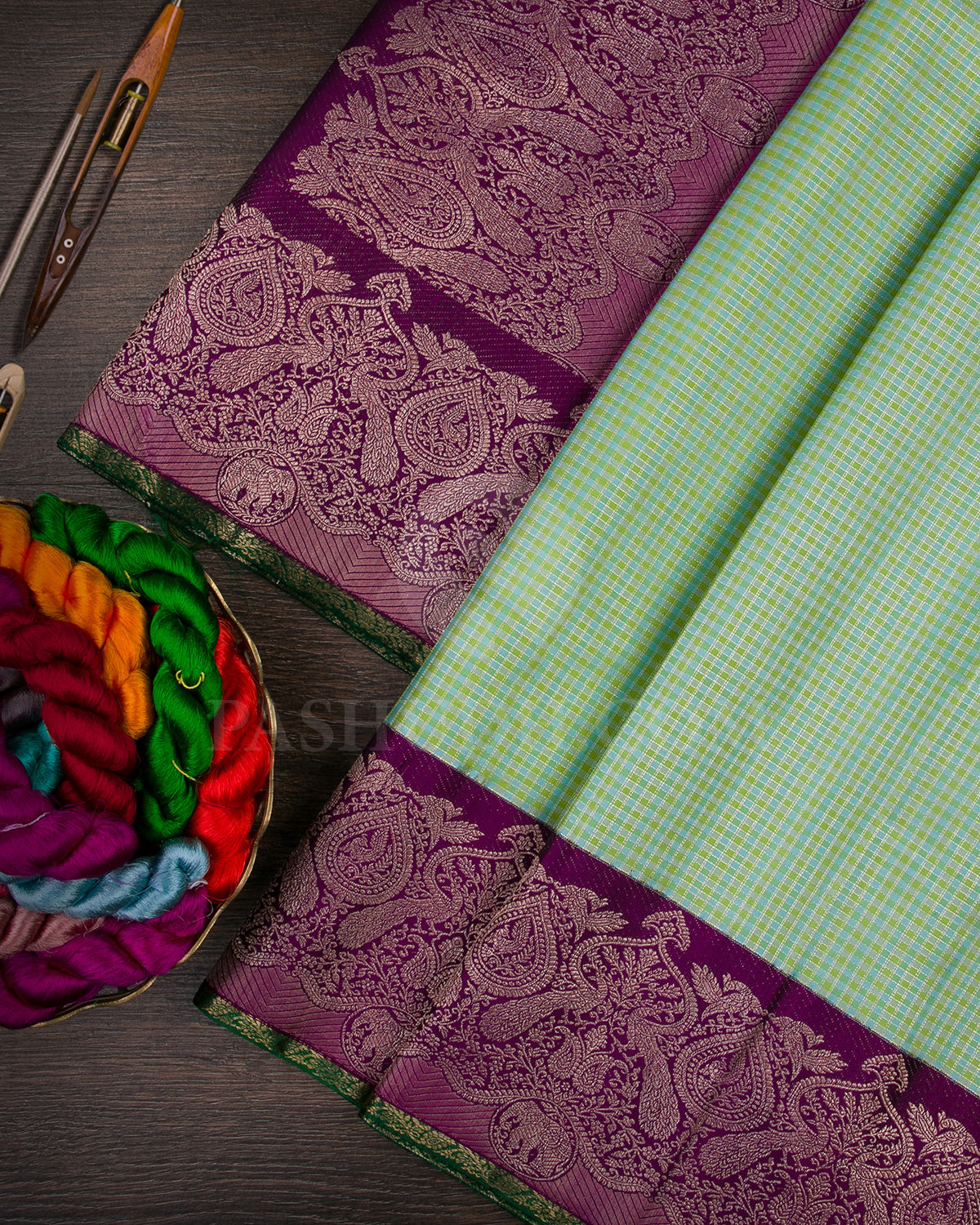 Blue, Green And Violet Checkered Kanjivaram Silk Saree - S1103(D)