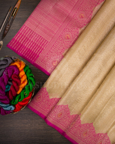 Gold Silver And Rani Pink Organza Shimmer Kanjivaram Silk Saree - S1323(A)