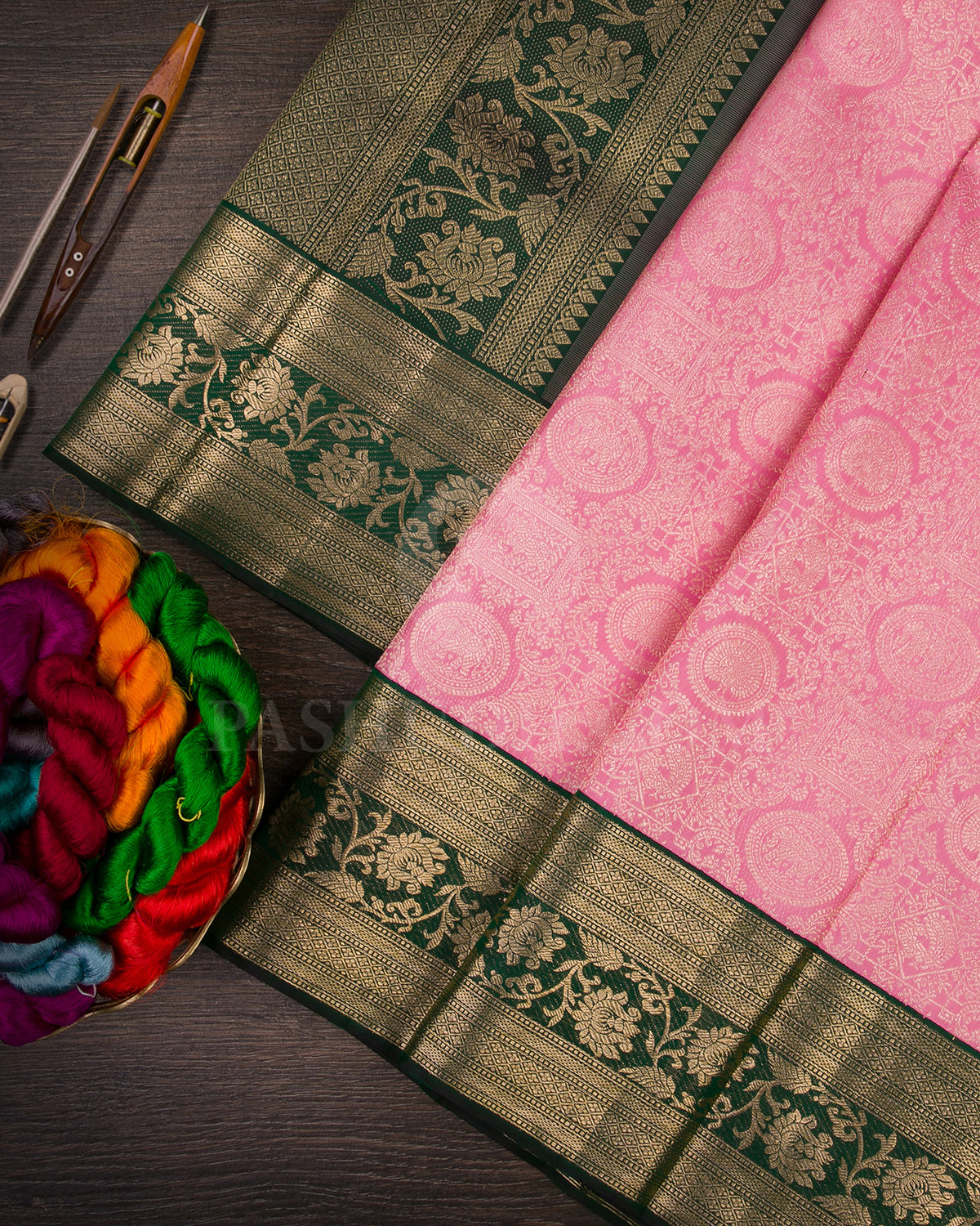 Peachy Pink And Dark Green Kanjivaram Silk Saree - S1303(A)