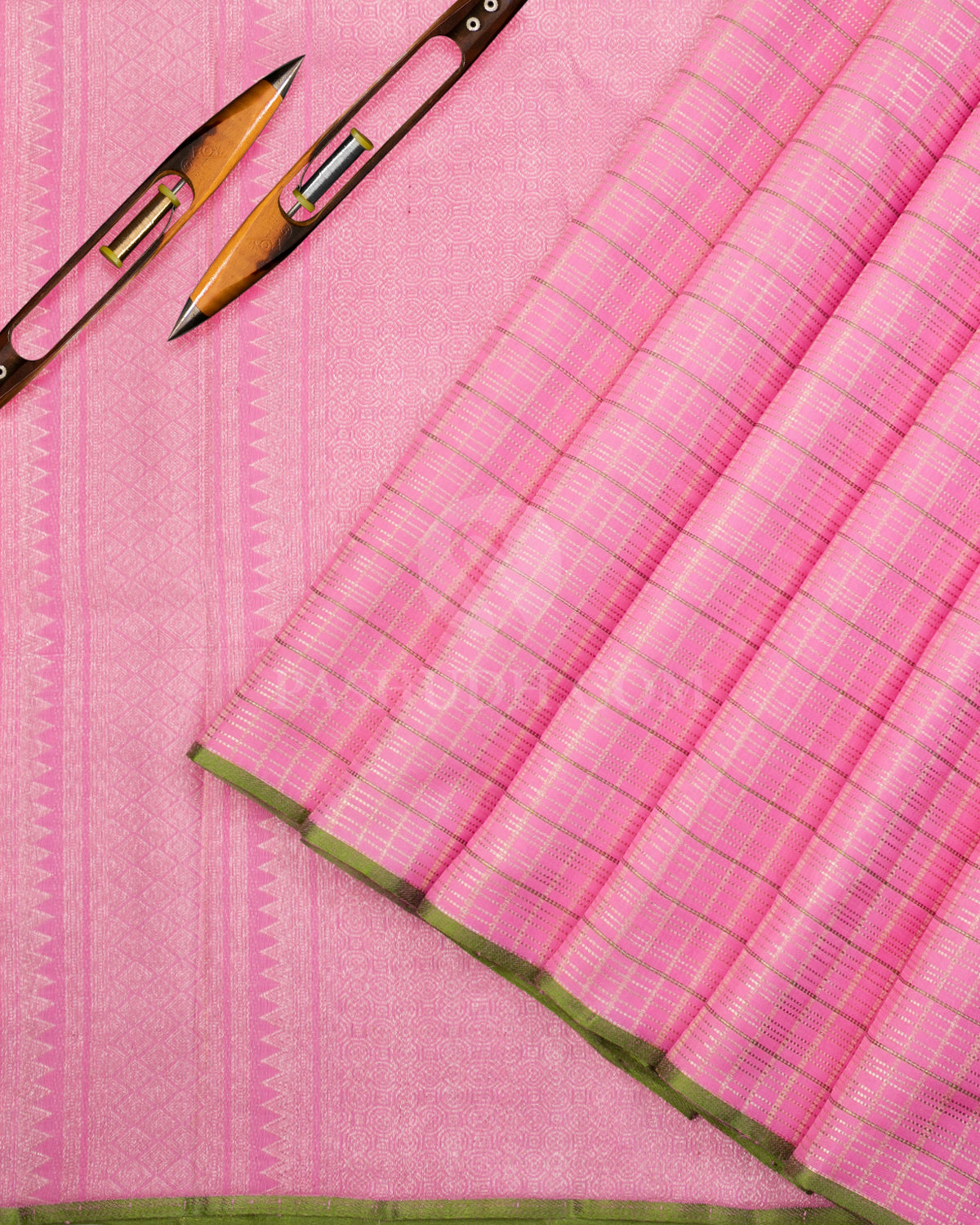 Rose Pink & Parrot Green Kanjivaram Silk Saree - S1035(A) - View 2