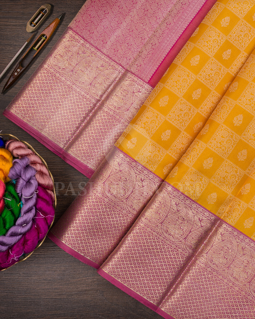 Mango Yellow And Rani Pink Kanjivaram Silk Saree - DT306(A)