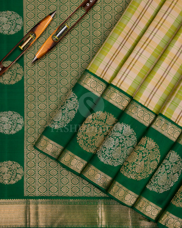 Cream, Green & Dark Green Kanjivaram Silk Saree - S1146(A) - View 2
