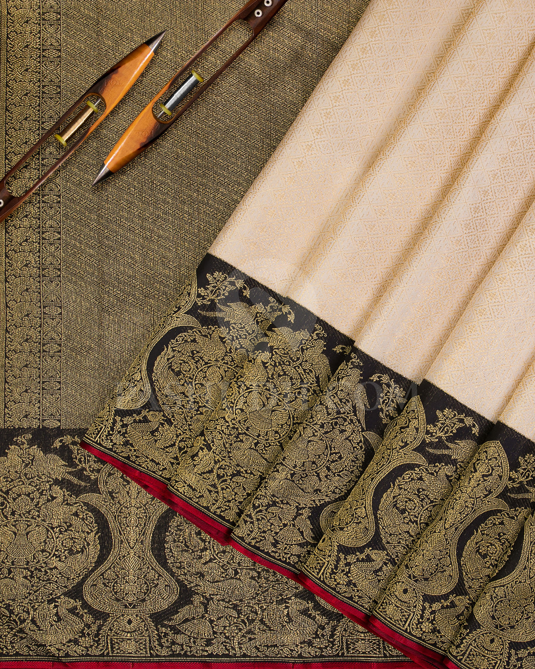 Cream And Black Pure Zari Kanjivaram Silk Saree - P153(A) - View 2