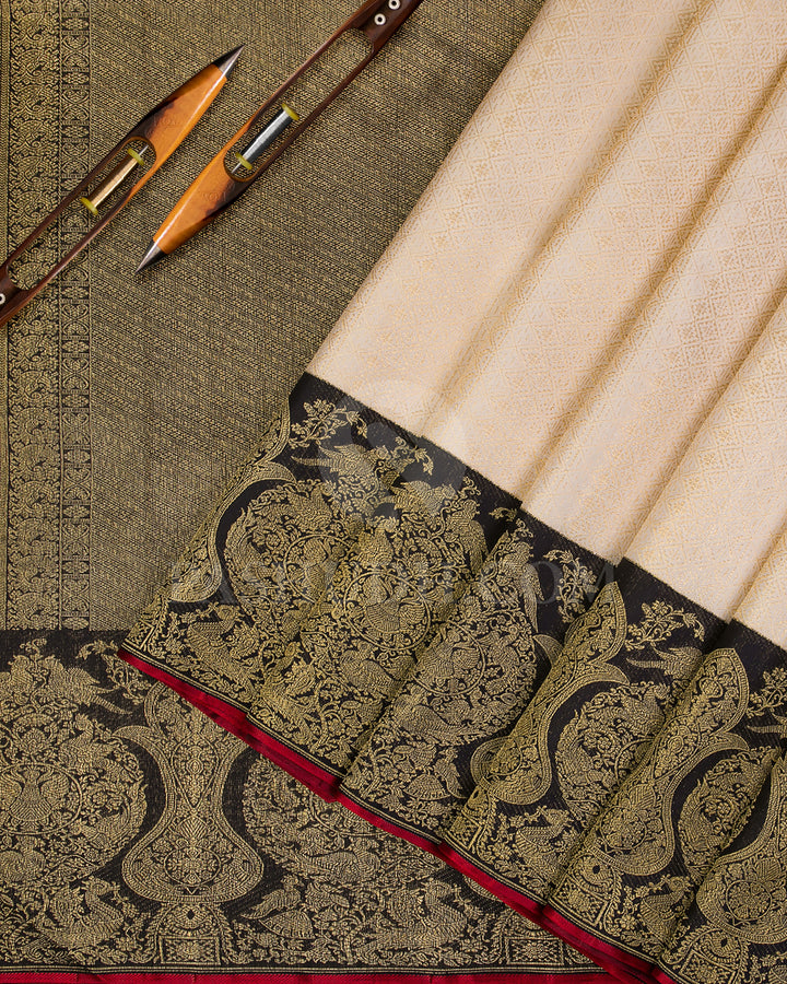 Cream And Black Pure Zari Kanjivaram Silk Saree - P153(A) - View 2
