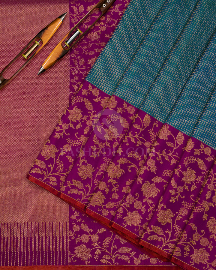Peacock Blue & Magenta Kanjivaram Silk Saree - S989 - View 2