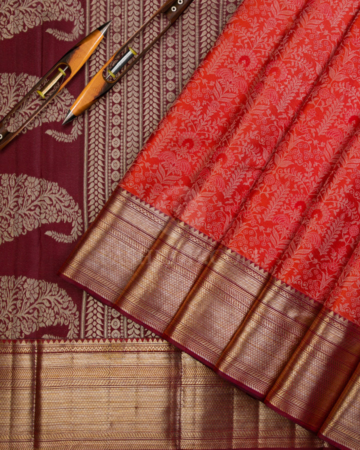 Red and Maroon Kanjivaram Silk Saree -D476