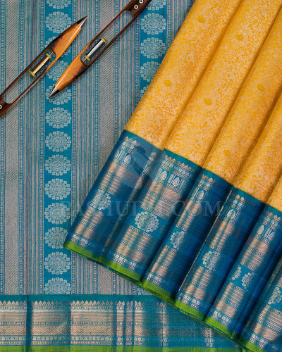 Corn Yellow and Peacock Blue Kanjivaram Silk Saree - S1193(A) - View 2