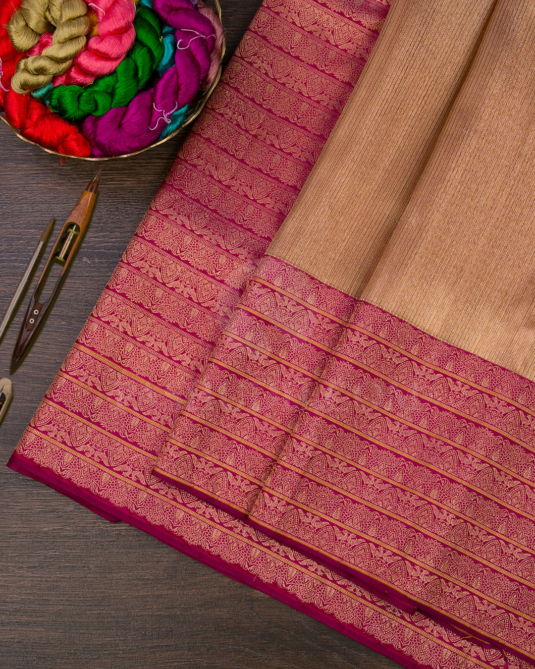 Gold And Rani Pink Organza Shimmer Kanjivaram Silk Saree - S1332(A)