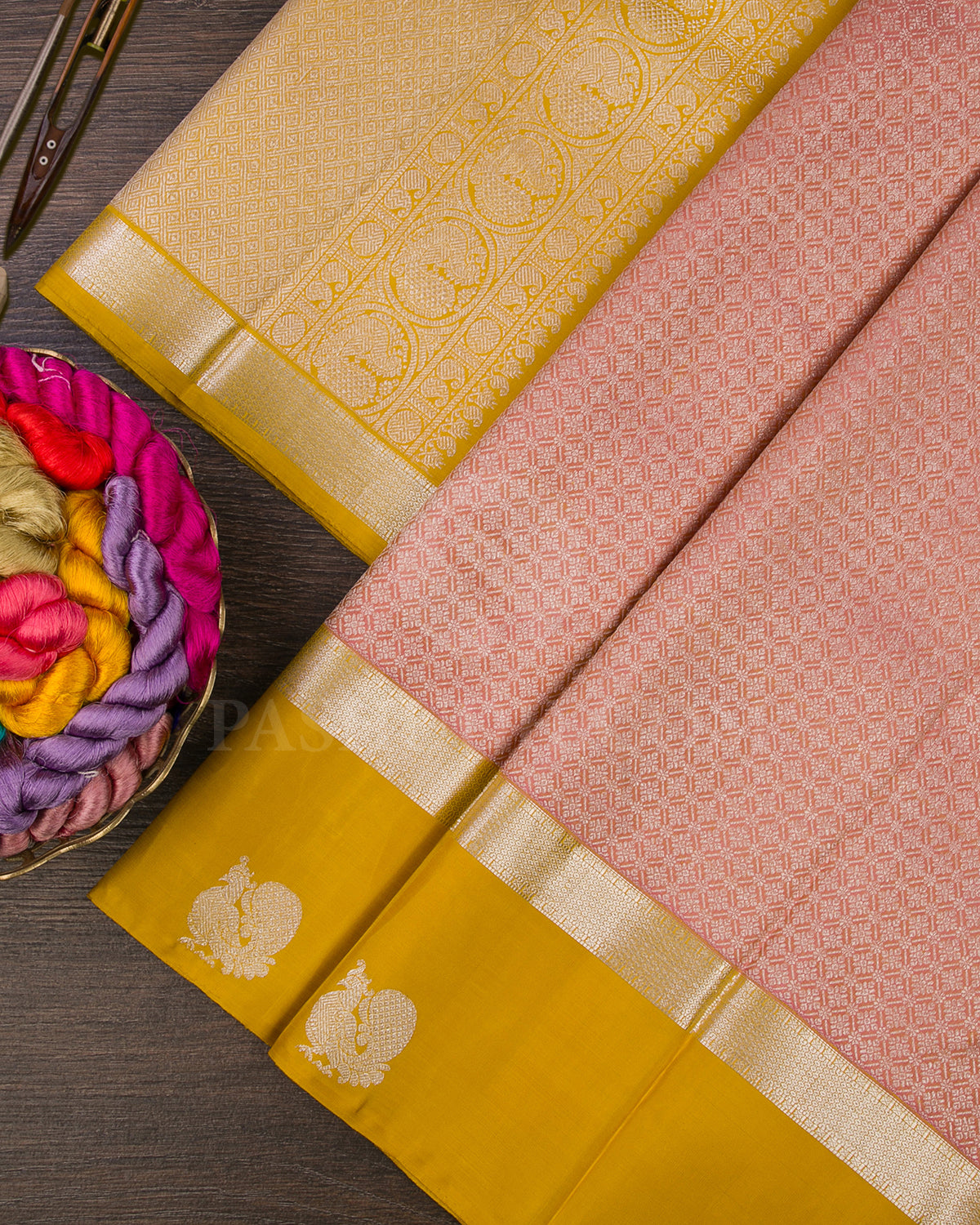 Peachy Pink And Tuscany Yellow Traditional Kanjivaram Silk Saree  - SVJ37