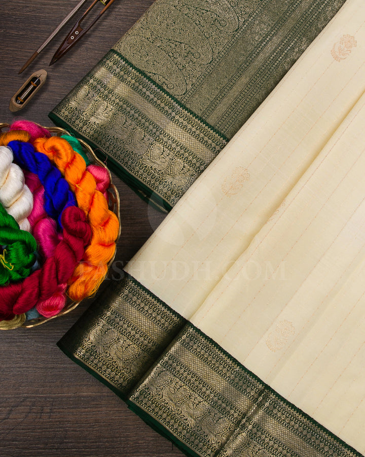 Ivory And Bottle Green Kanjivaram Silk Saree- S981(C)