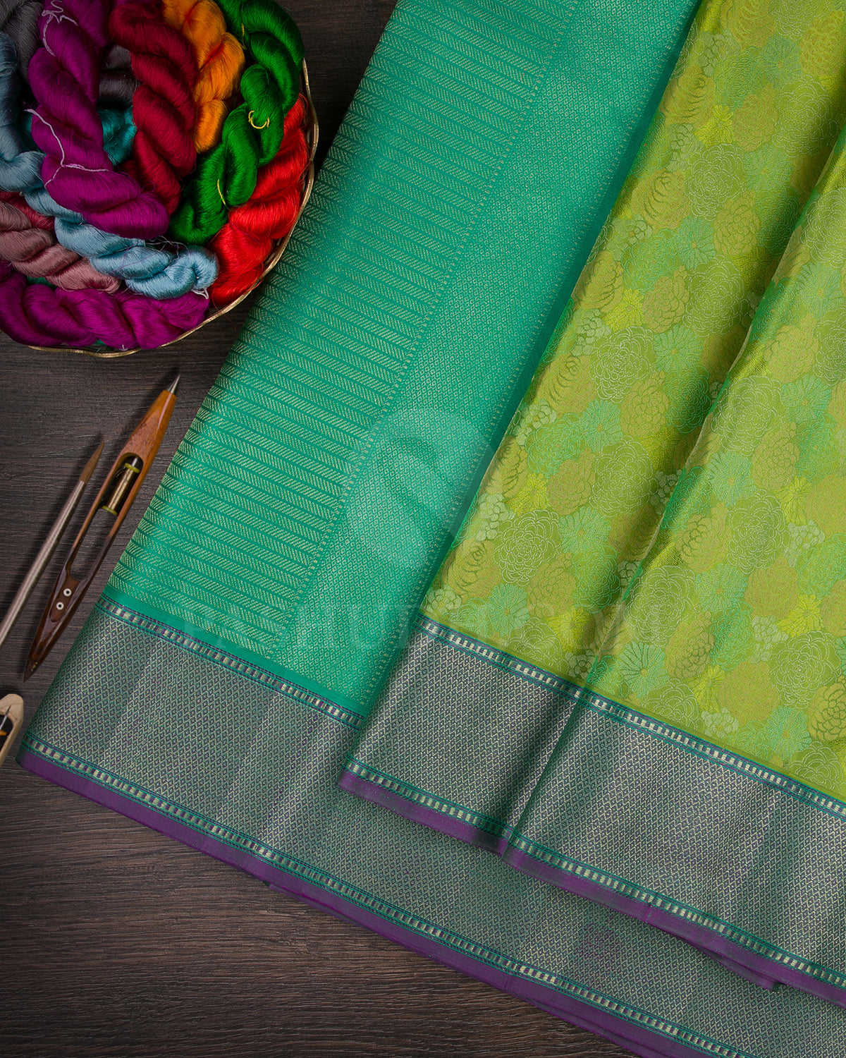 Leaf Green And Aquamarine Kanjivaram Silk Saree - DJ279(E)