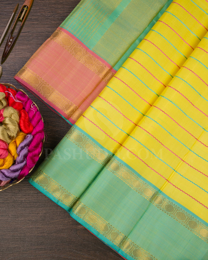 Lemon Yellow, Pink And Sky Blue Traditional Kanjivaram Silk Saree - SVJ50