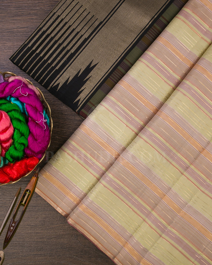 Light Green, Lavender, Pastel Orange And Black Kanjivaram Silk Saree - S1199(C)