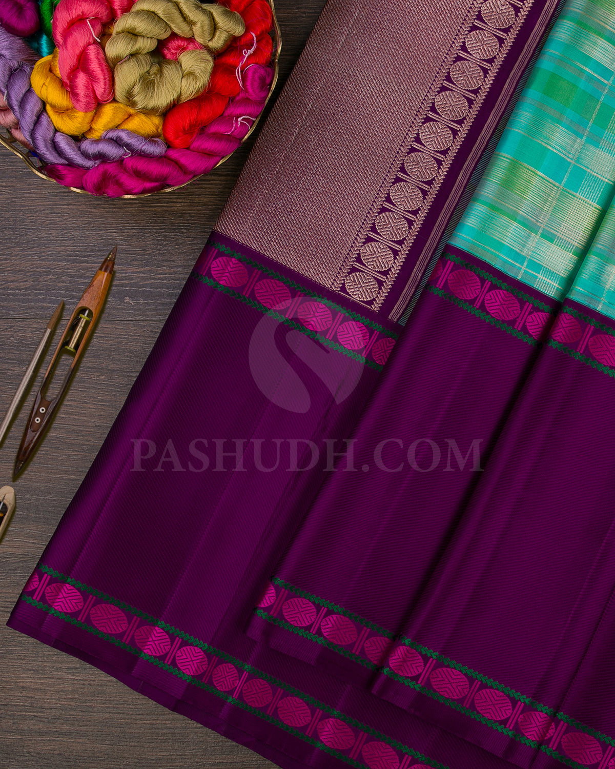 Blue, Green And Violet Kanjivaram Silk Saree - S1163(C)