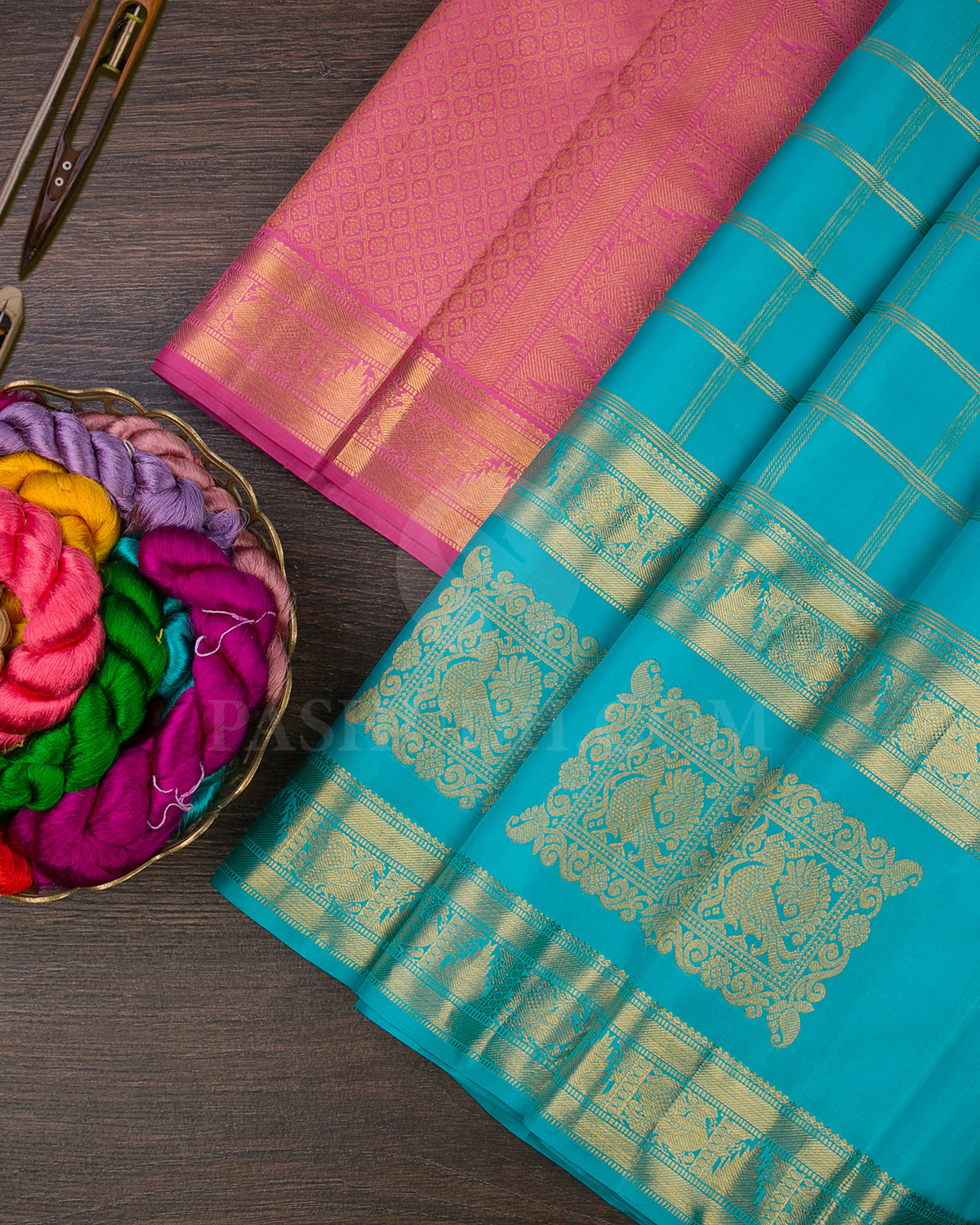 Turquoise Blue And Pink Traditional Kanjivaram Silk Saree - SVJ54