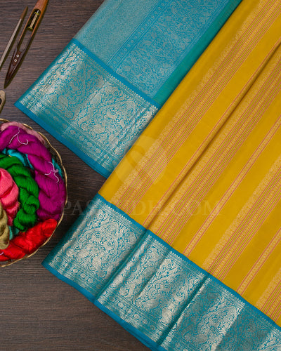 Mustard Yellow And Anandha Blue Kanjivaram Silk Saree - S1227(C)