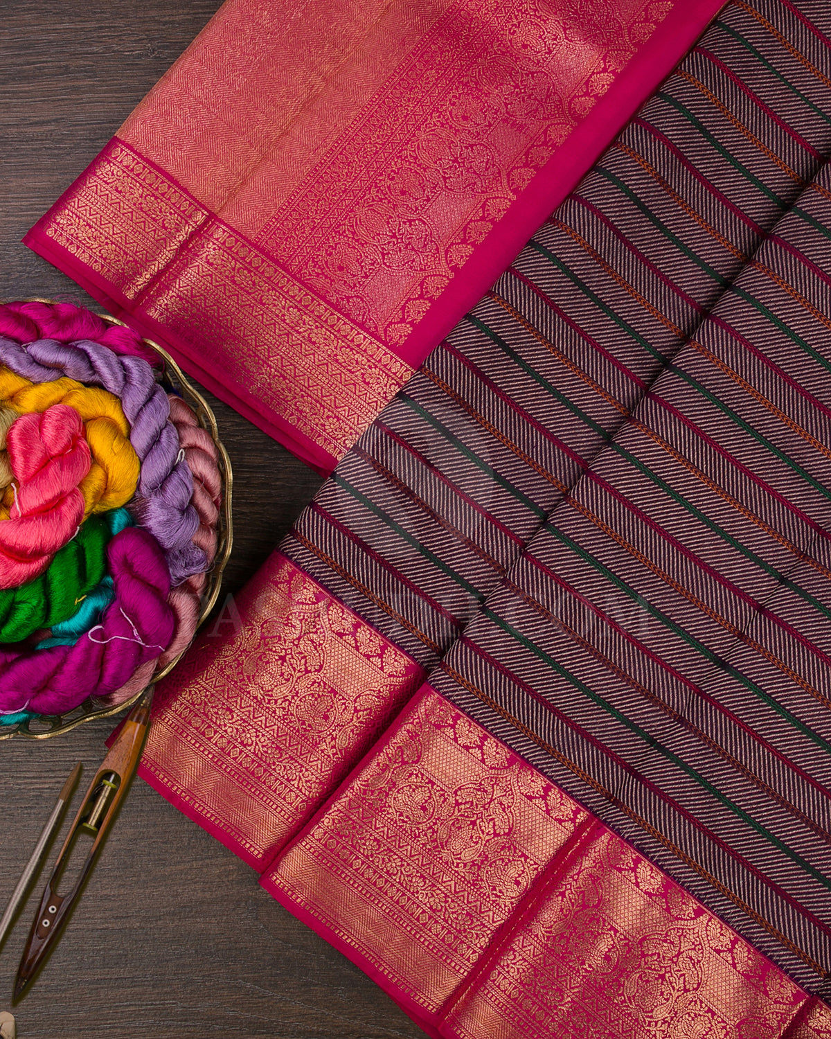 Aubergine And Rani Pink Kanjivaram Silk Saree - S1334(A)