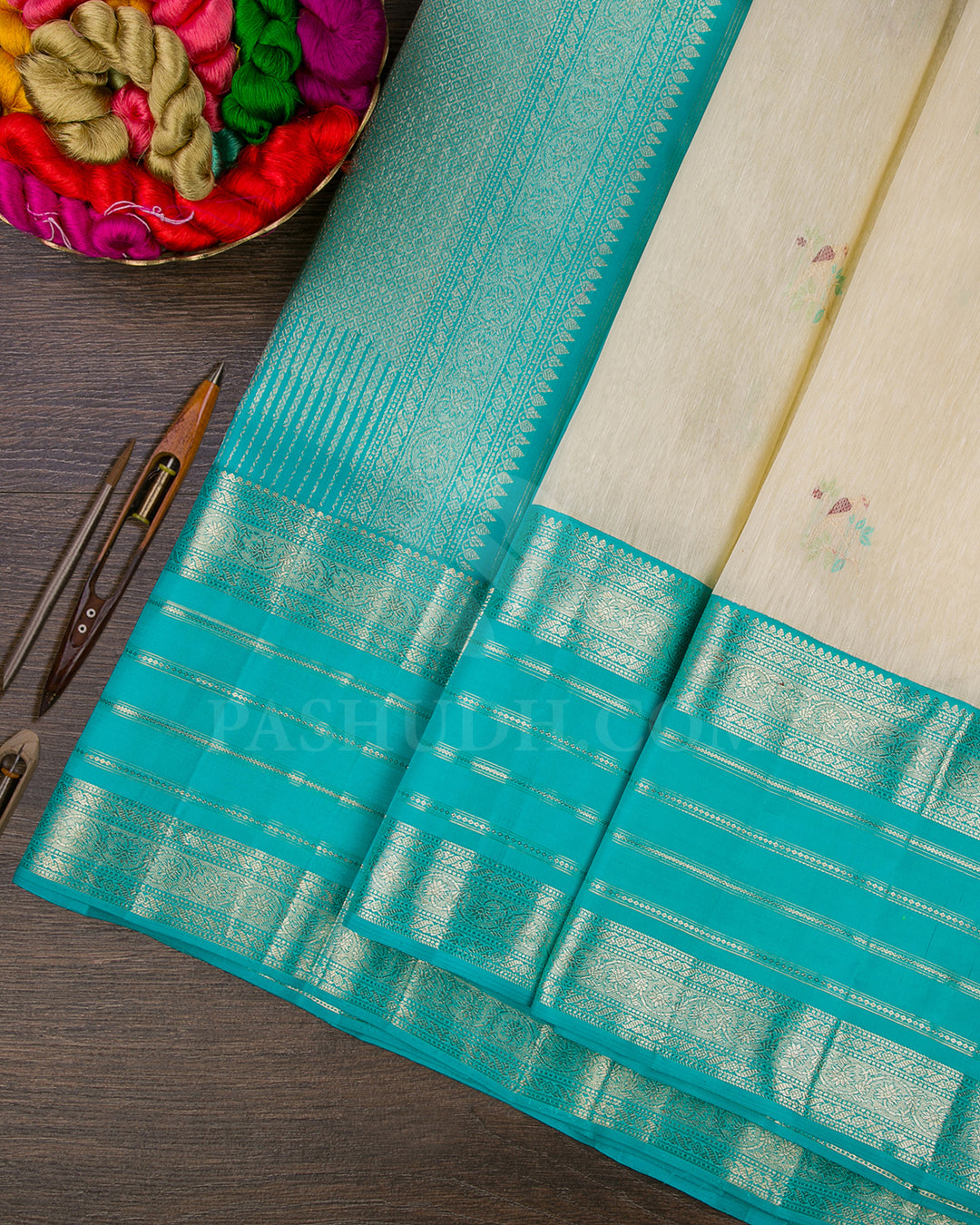 Off-Whilte and Sky Blue Traditional Kanjivaram Silk Saree - SVJ52