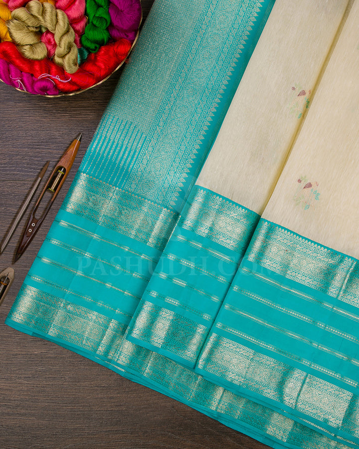 Off-Whilte and Sky Blue Traditional Kanjivaram Silk Saree - SVJ52