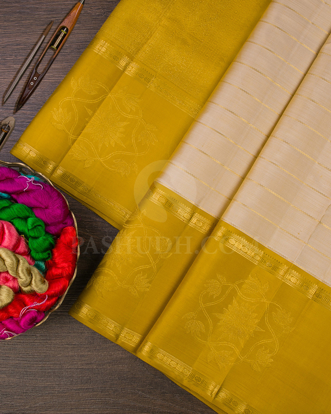 Ivory and Mustard Traditional Kanjivaram Silk Saree - SVJ53