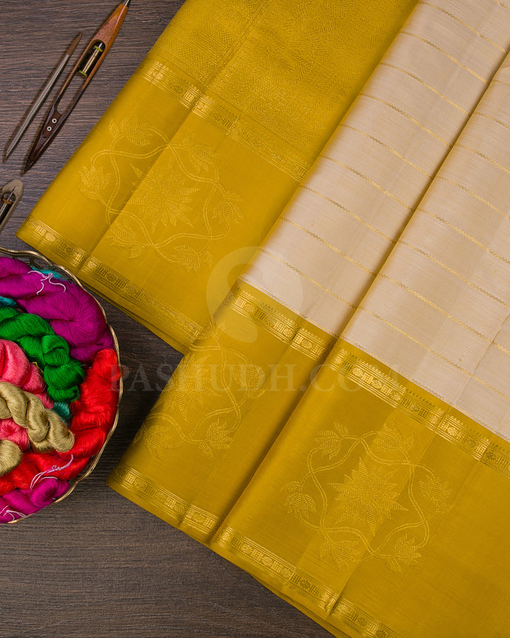 Ivory and Mustard Traditional Kanjivaram Silk Saree - SVJ53