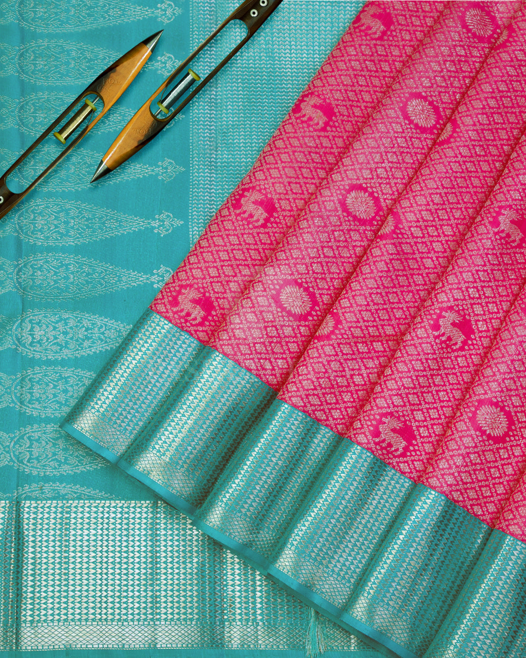 Rose Pink & Anandha Blue Kanjivaram Silk Saree - S985 - View 2