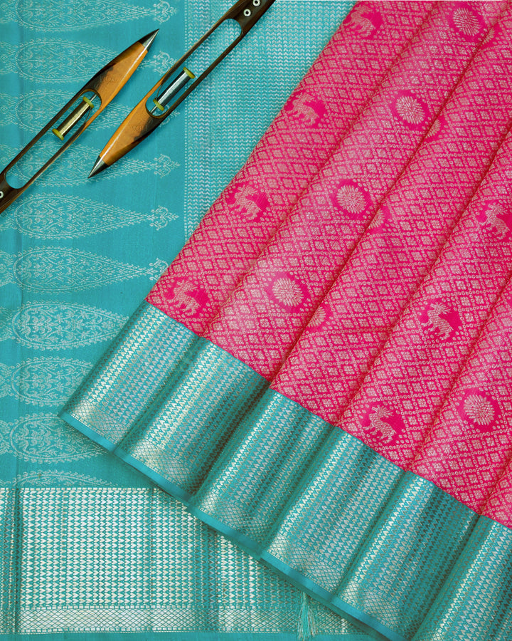 Rose Pink & Anandha Blue Kanjivaram Silk Saree - S985 - View 2