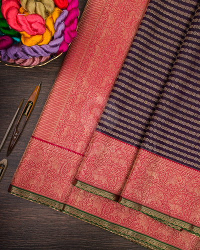 Navy Blue And Red Kanjivaram Silk Saree - S1276(B)