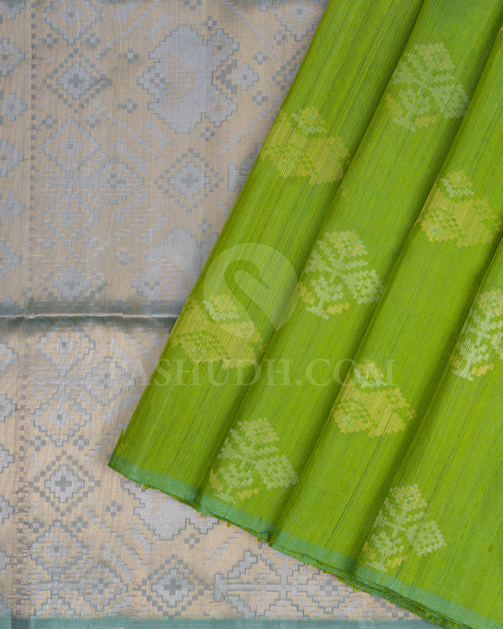 Light Green and Teal Blue Dupion Soft Silk Saree - AC70