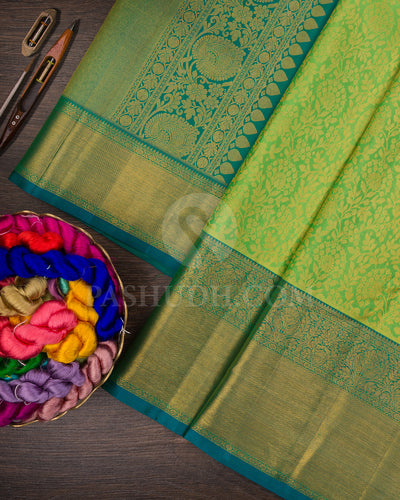 Pear Green And Teal Kanjivaram Silk Saree - BKB4