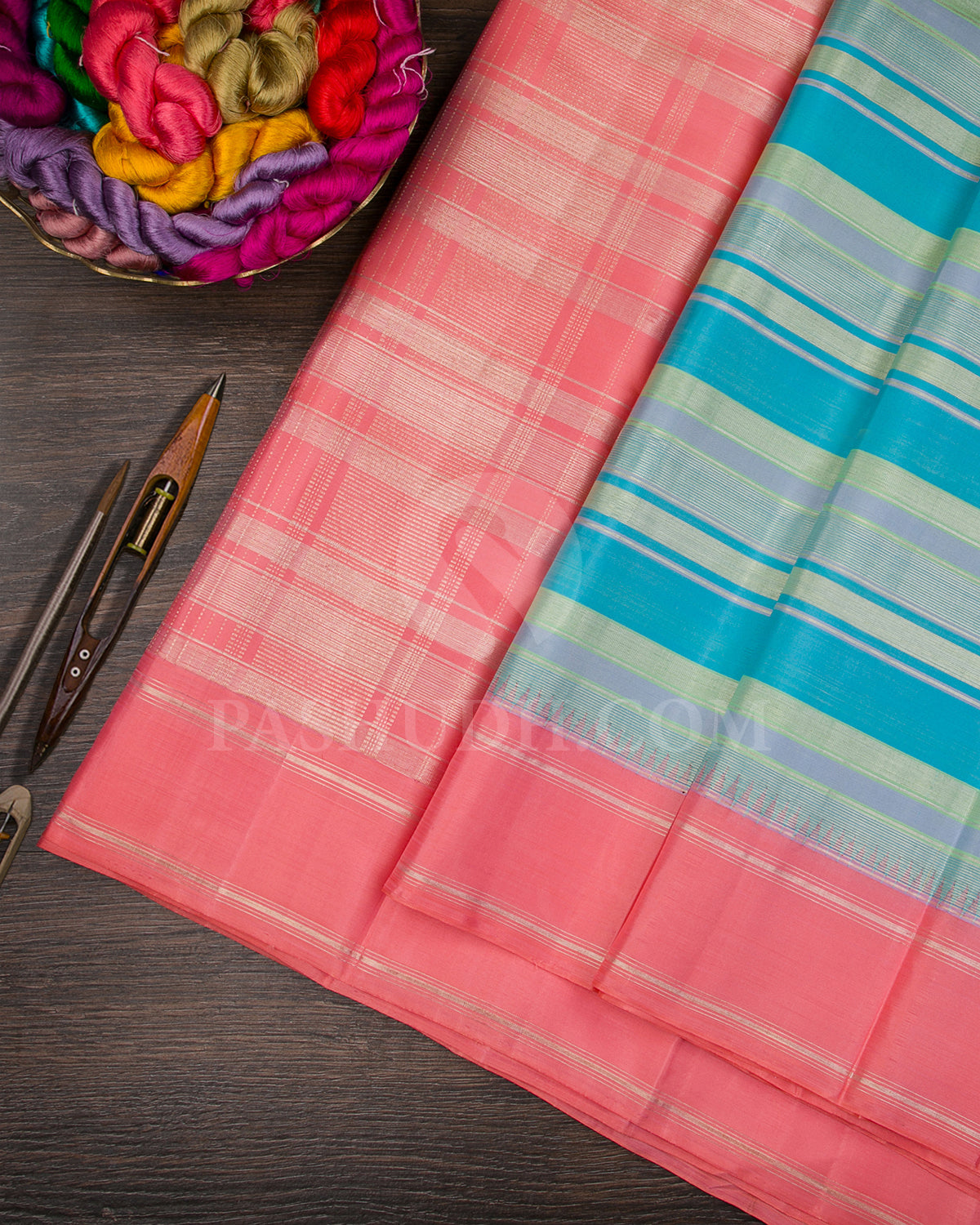 Shades of Blue and Green, And Pink Traditional Kanjivaram Silk Saree -AK13