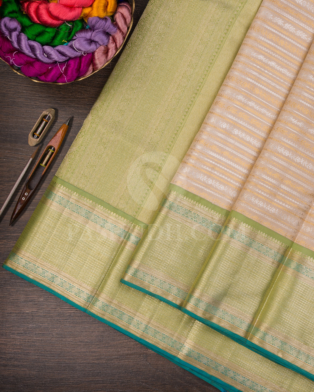 Ivory, Beige And Pear Green Kanjivaram Silk Saree - S1016(G)