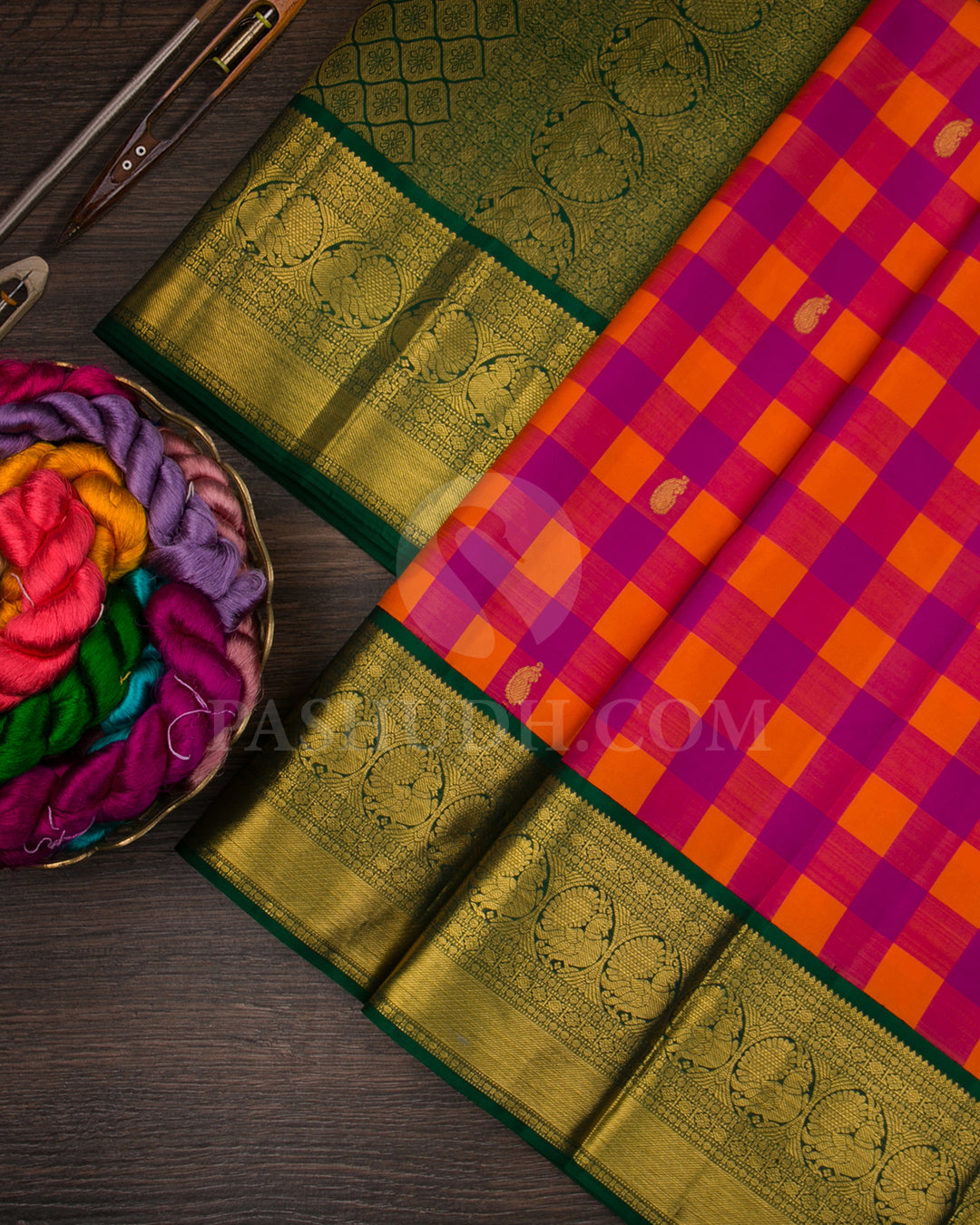 Magenta, Orange And Forest Green Traditional Kanjivaram Silk Saree - SVJ65