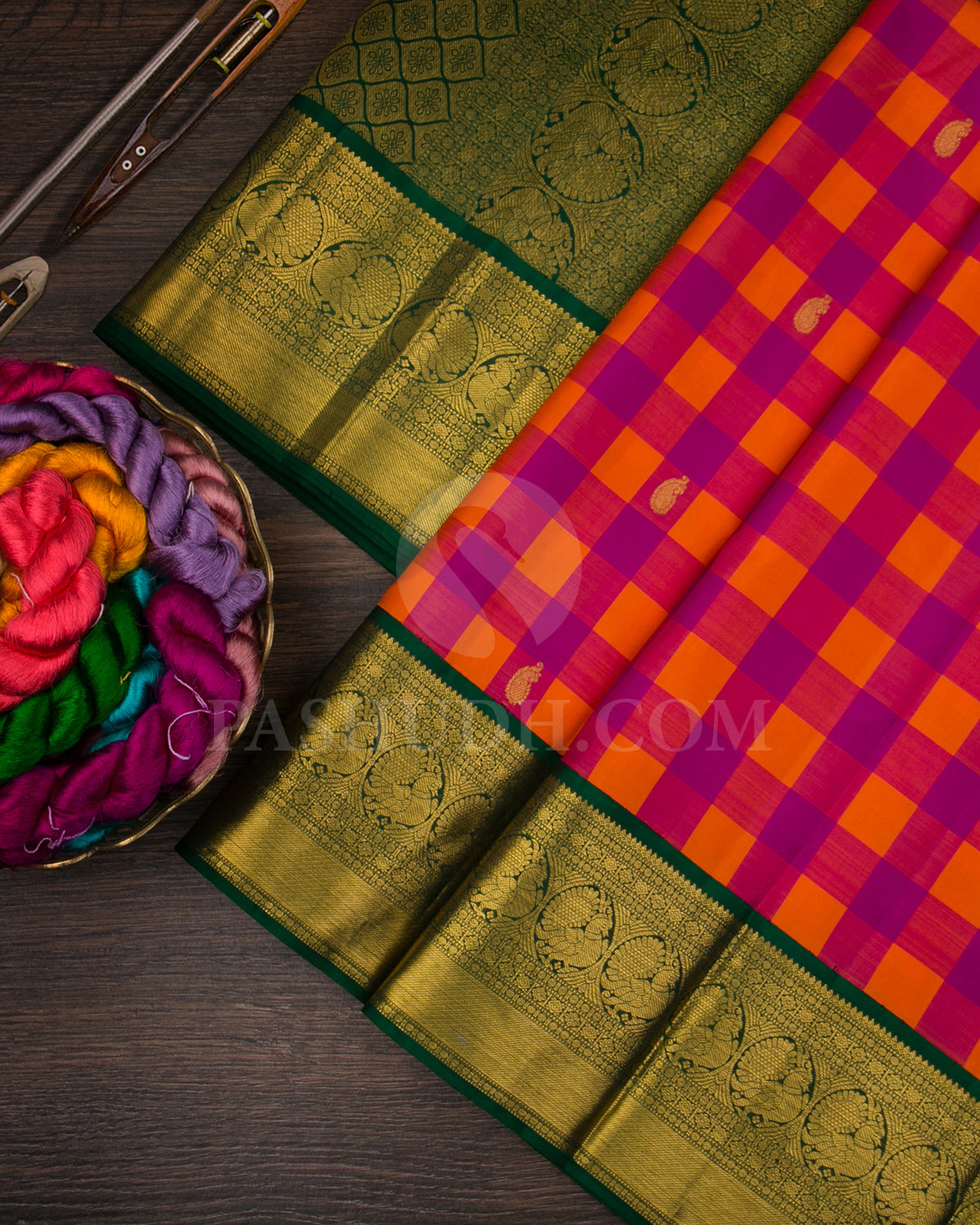 Magenta, Orange And Forest Green Traditional Kanjivaram Silk Saree - SVJ65