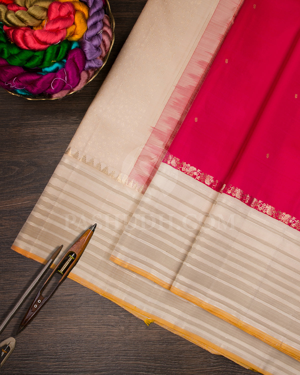 Rasberry Pink And Off White Traditional Kanjivaram Silk Saree - AK17