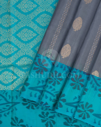 Turquoise Blue and Grey Soft Silk Saree - AC102