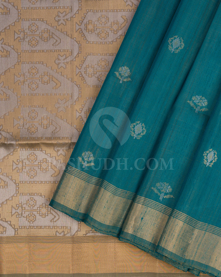 Teal and Greige Dupion Soft Silk Saree - AC45