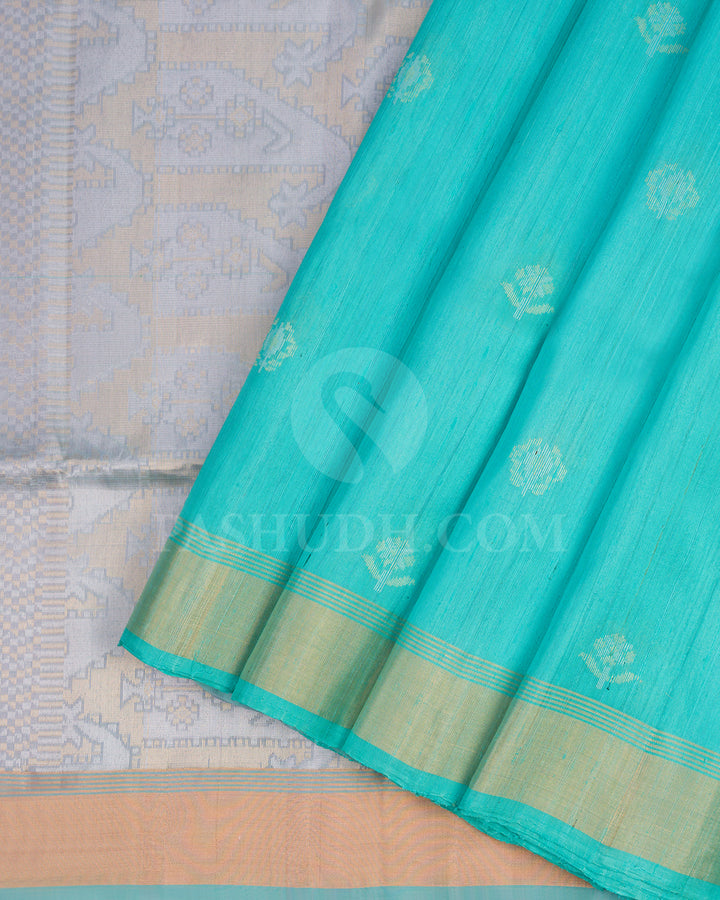 Cyan Blue and Grey Dupion Soft Silk Saree - AC23