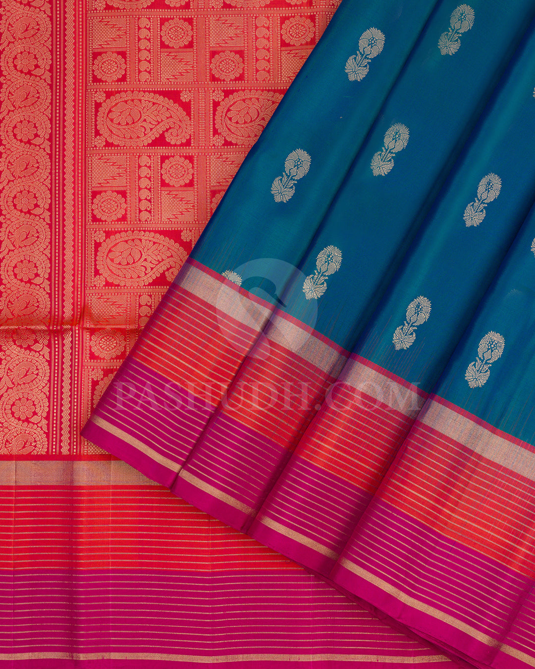 Peacock Blue, Orange and Rani Pink Sof Silk Saree - AC104