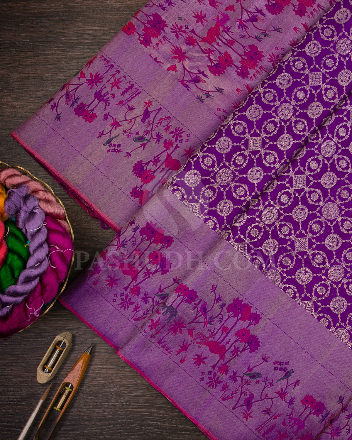 Violet Pure Zari Kanjivaram Silk Saree with Shimmer Paithani Border - P174(A)