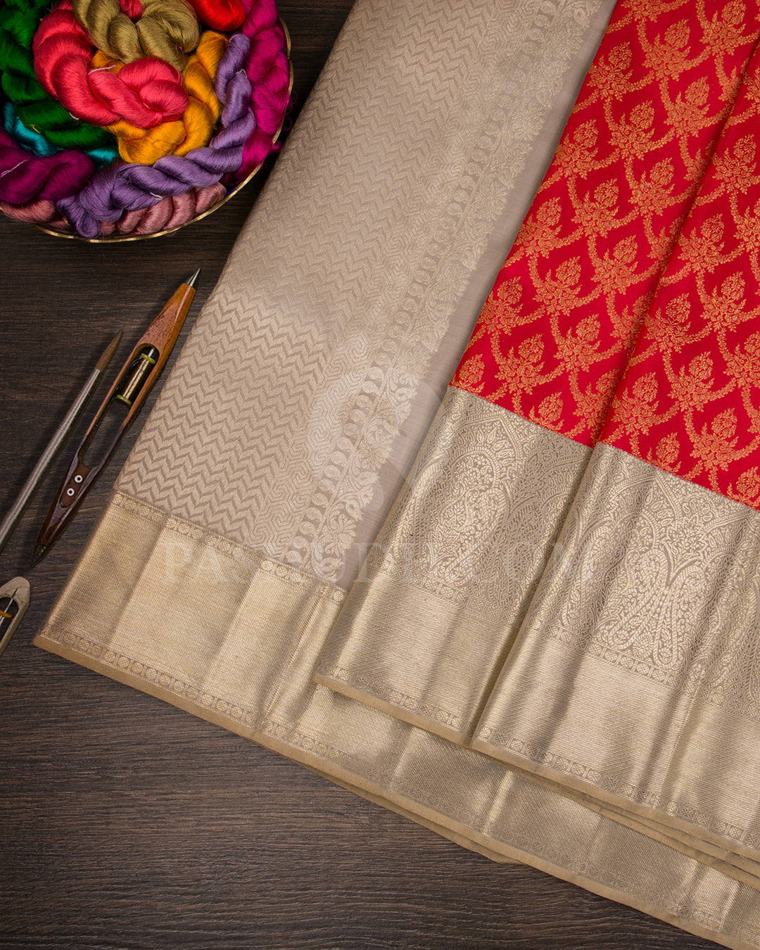 Red And Greige Kanjivaram Silk Saree - S1363(A)