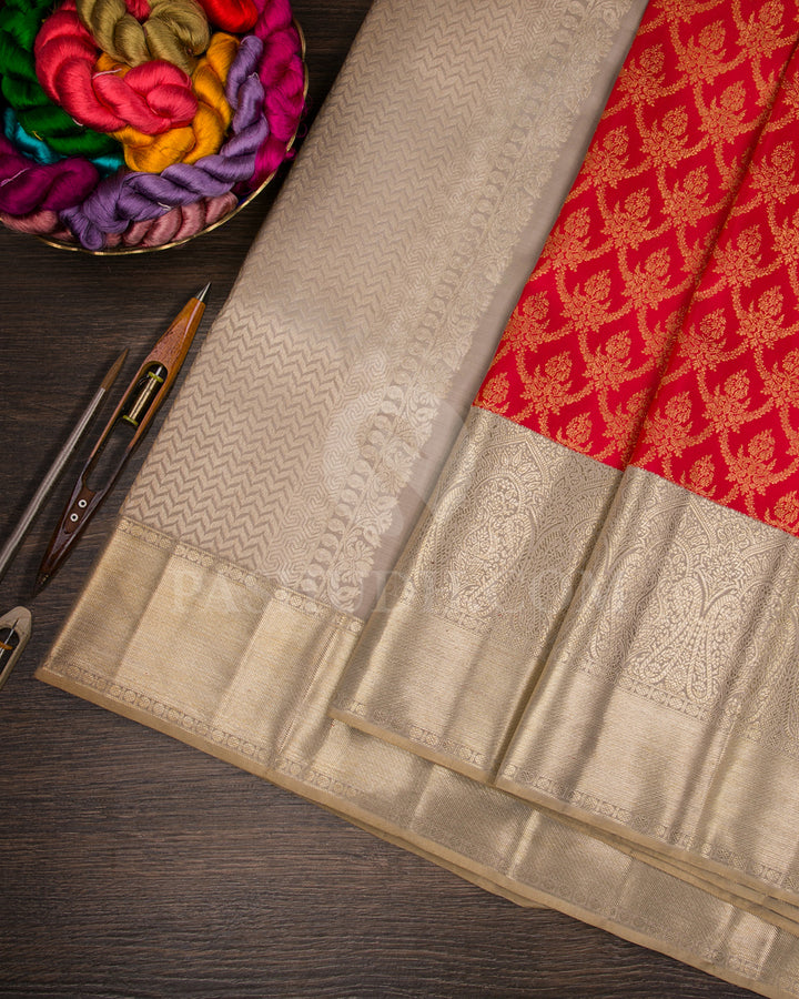 Red And Greige Kanjivaram Silk Saree - S1363(A)