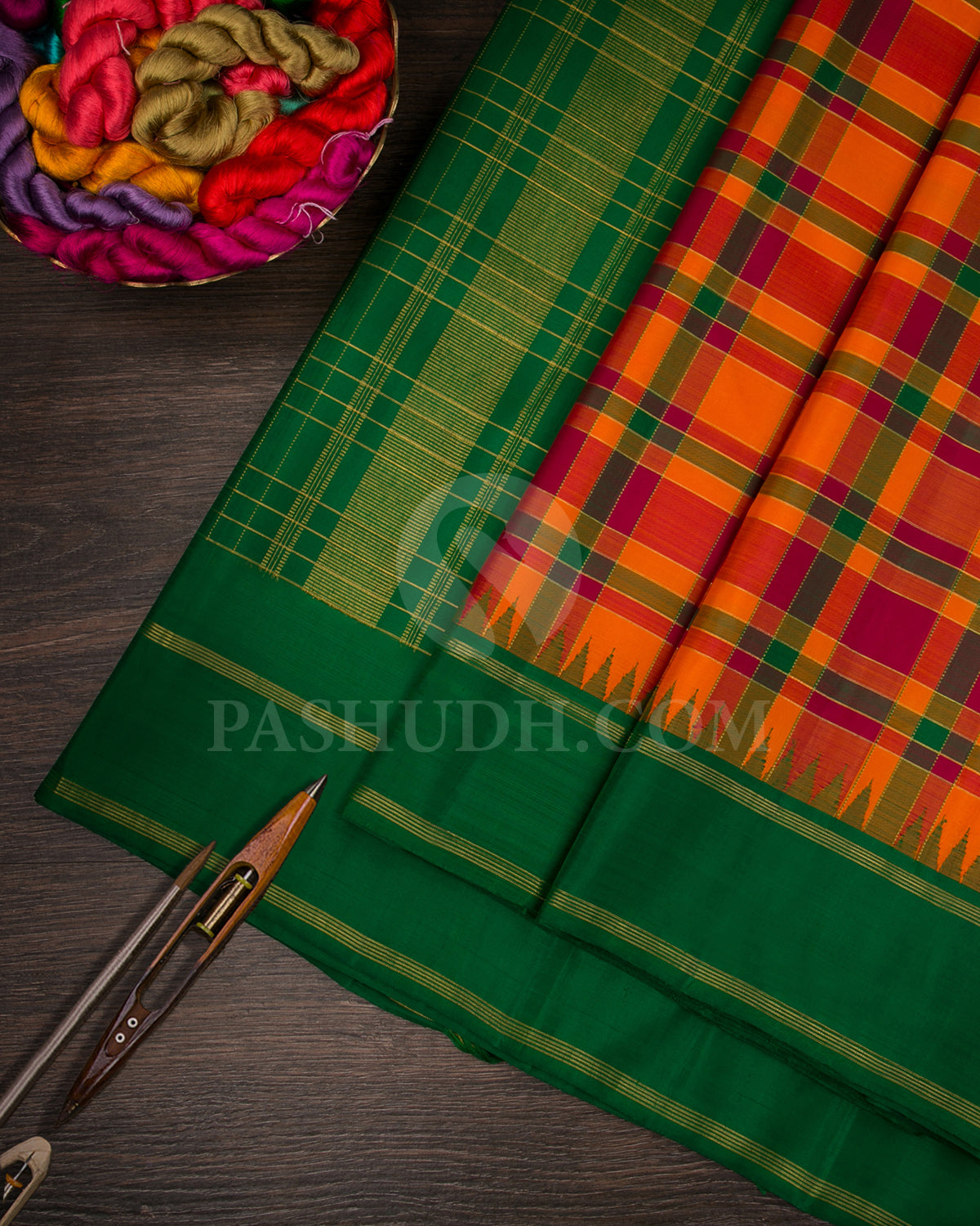 Maroon, Orange, Green And Dark Green Traditional Kanjivaram Silk Saree - SVJ69