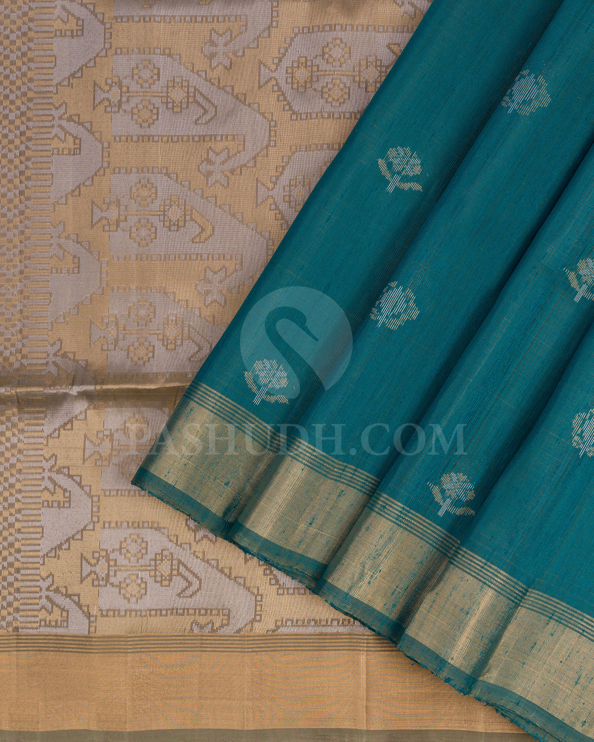 Prussian Green and Greige Soft Silk Saree - AC67