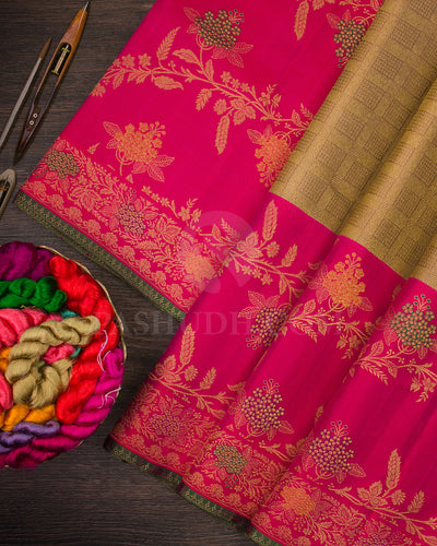 Pastel Brown and Rani Pink Pure Zari Kanjivaram Silk Saree - P166(A)